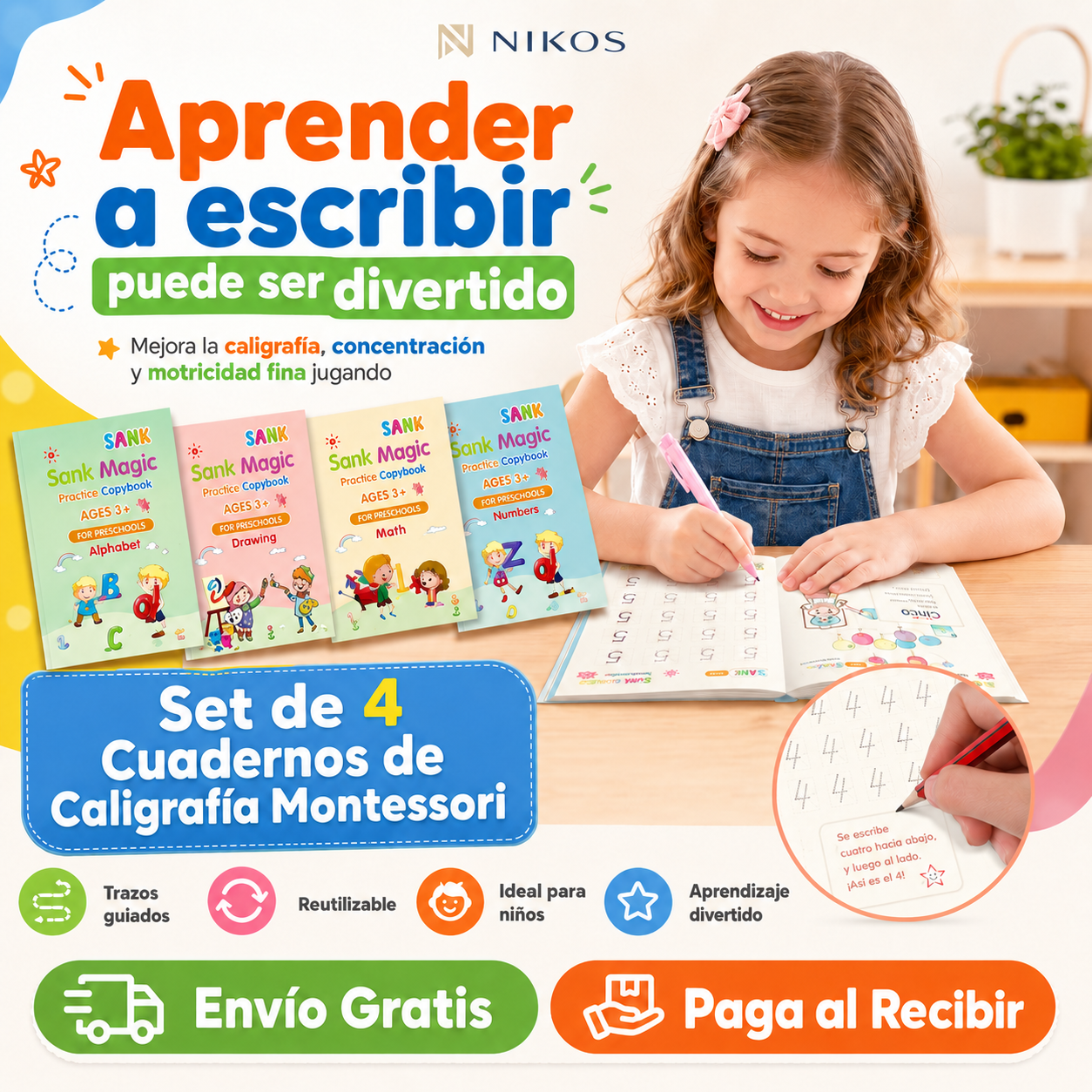 Pack de 4 Cuadernos Mágicos Caligrafía Montessori