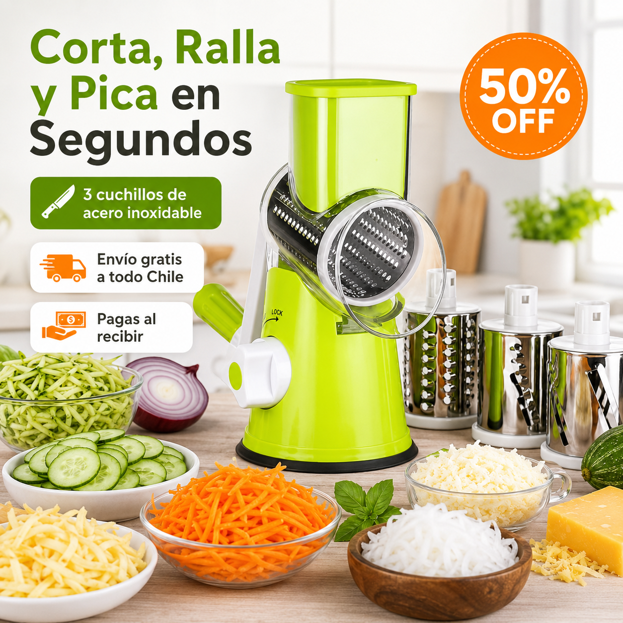 Rallador Cortador Multifunción con 3 Cuchillos de Acero Inoxidable